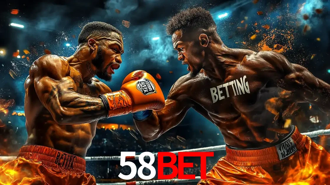 Dois boxeadores em uma luta intensa e explosiva, representando a adrenalina e as oportunidades de apostas em esportes de combate disponíveis na plataforma 58BET.