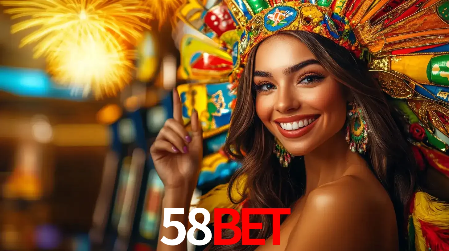 Mulher sorridente com um cocar de carnaval vibrante e colorido, celebrando uma grande vitória nos jogos do cassino 58BET com fogos de artifício ao fundo.