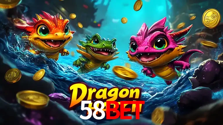 Arte promocional do jogo Dragon Hatch com três adoráveis dragões bebês nadando entre moedas de ouro, um dos slots mais divertidos para jogar no cassino 58BET.