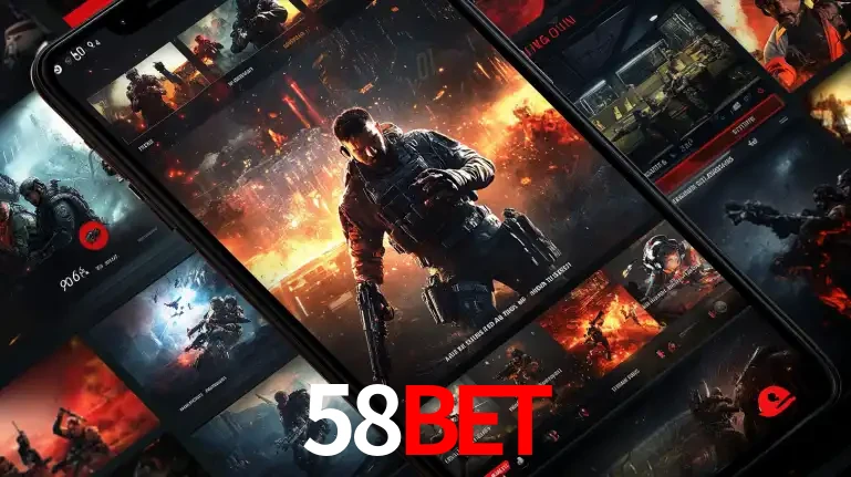 Tela de um celular exibindo uma galeria de jogos de tiro com temática militar, mostrando a variedade de e-sports disponíveis para apostas na plataforma de entretenimento 58BET.