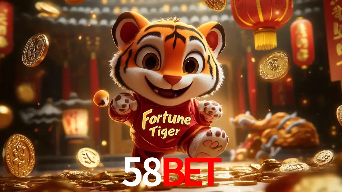 O alegre personagem do Fortune Tiger correndo sobre um caminho de moedas de ouro, simbolizando os grandes prêmios e a diversão do popular jogo de slot do 58BET.