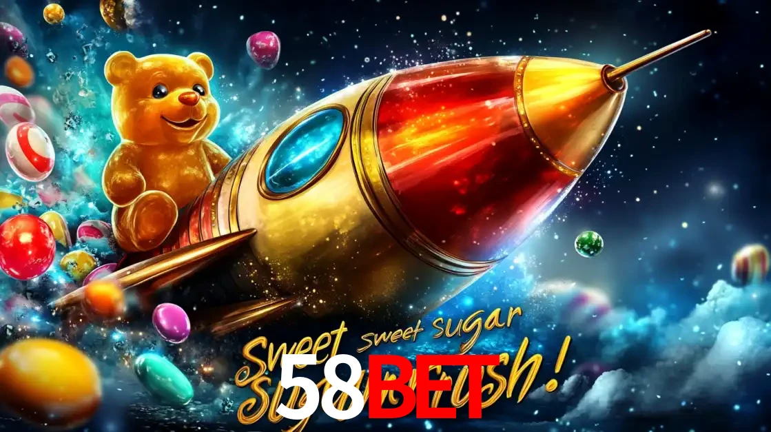 Arte promocional do jogo de slot Sugar Rush, com um urso de pelúcia em um foguete viajando pelo espaço de doces, um dos jogos divertidos disponíveis no cassino 58BET.