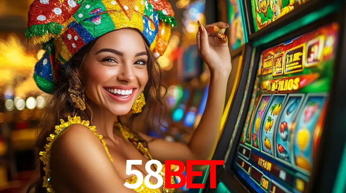 Mulher feliz com traje de carnaval amarelo e colorido ao lado de uma máquina de caça-níqueis, aproveitando a diversão e os jogos temáticos do cassino 58BET.