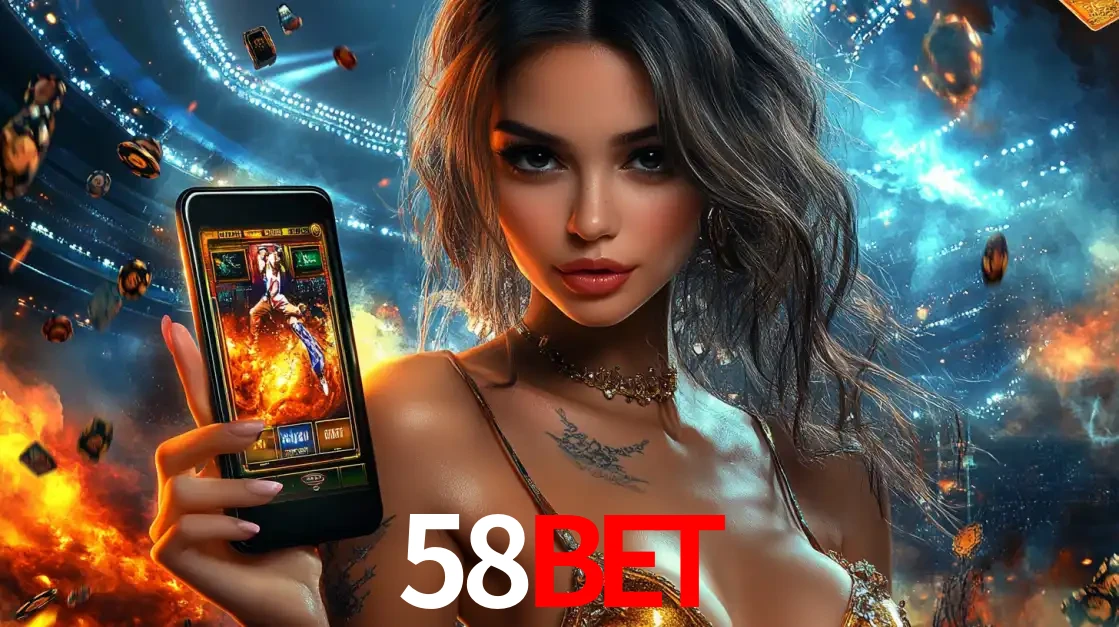 Mulher segurando um celular com um jogo de slot em destaque, tendo como fundo um estádio vibrante, simbolizando a emoção de jogar no cassino móvel 58BET.